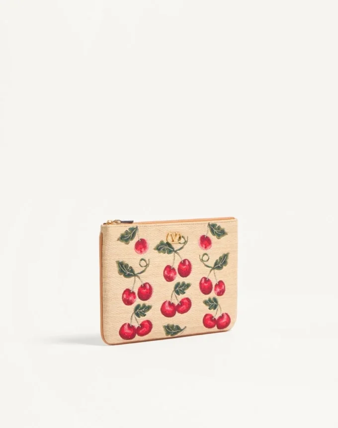 Vlogo Signature Pouch In Jacquard Raffia With Cherryfic Pattern