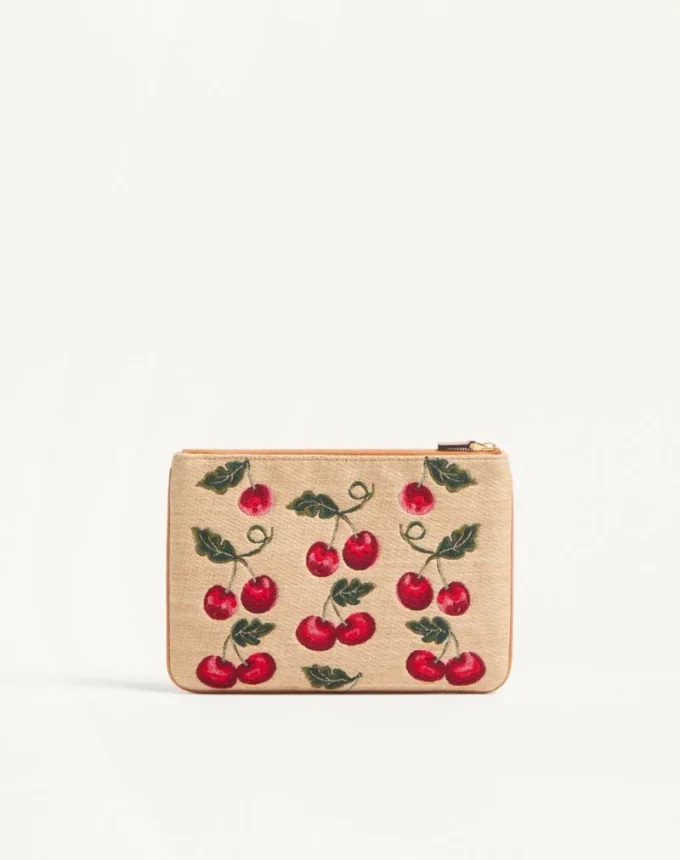 Vlogo Signature Pouch In Jacquard Raffia With Cherryfic Pattern