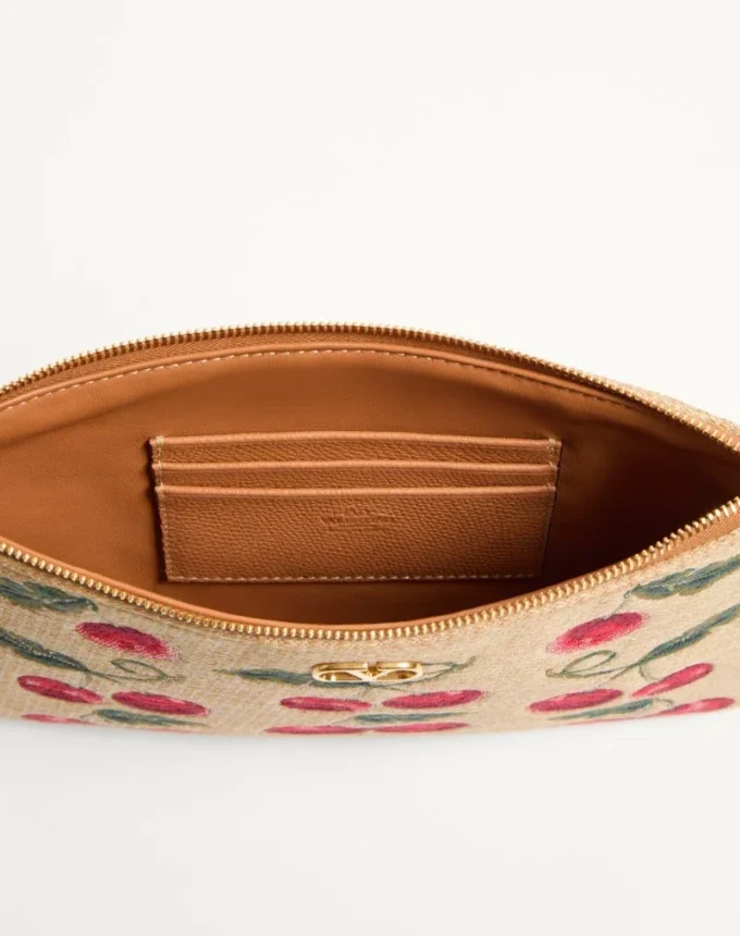Vlogo Signature Pouch In Jacquard Raffia With Cherryfic Pattern