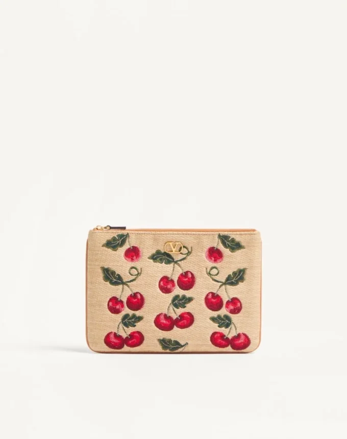 Vlogo Signature Pouch In Jacquard Raffia With Cherryfic Pattern