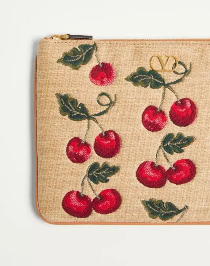 Vlogo Signature Pouch In Jacquard Raffia With Cherryfic Pattern