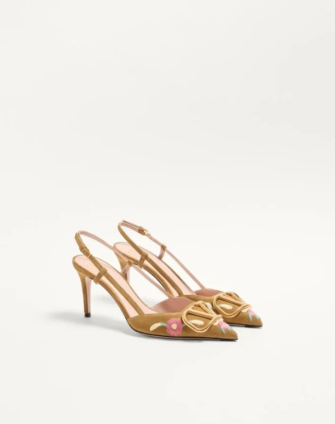 VLogo Signature Slingback Pump In Crust Leather With Floral Embroidery 80Mm