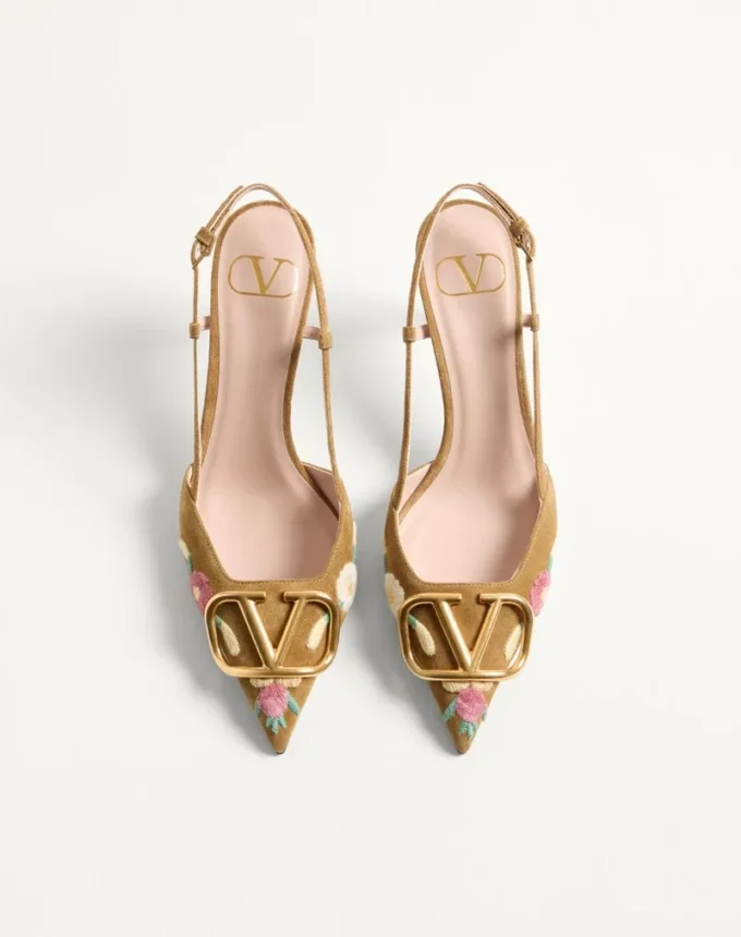 VLogo Signature Slingback Pump In Crust Leather With Floral Embroidery 80Mm
