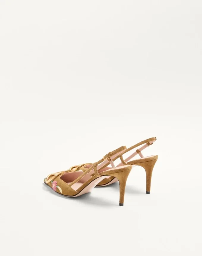 VLogo Signature Slingback Pump In Crust Leather With Floral Embroidery 80Mm