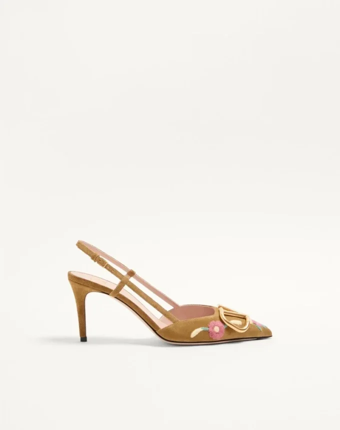 VLogo Signature Slingback Pump In Crust Leather With Floral Embroidery 80Mm