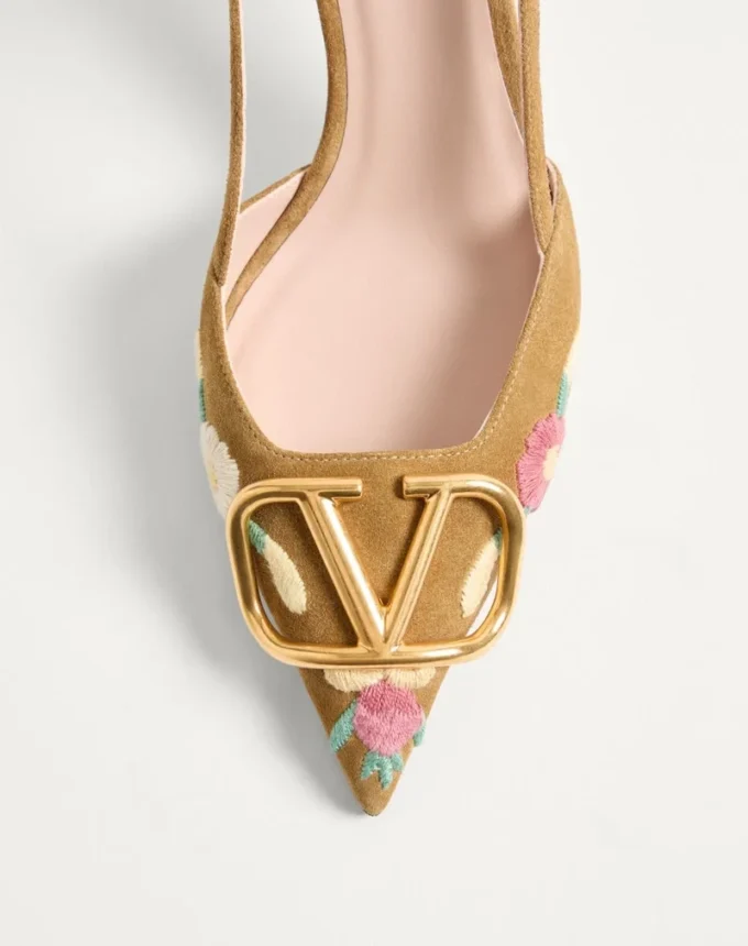 VLogo Signature Slingback Pump In Crust Leather With Floral Embroidery 80Mm