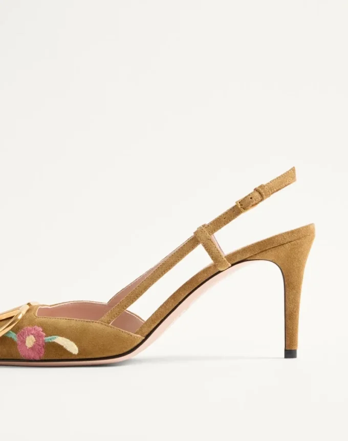VLogo Signature Slingback Pump In Crust Leather With Floral Embroidery 80Mm