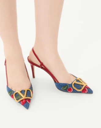 Vlogo Signature Slingback Pumps In Denim With Cherryfic Embroidery 80Mm
