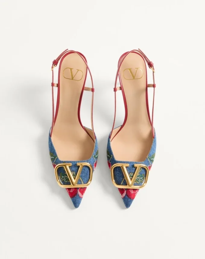 Vlogo Signature Slingback Pumps In Denim With Cherryfic Embroidery 80Mm