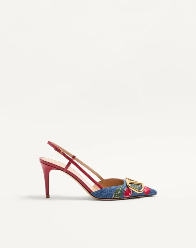 Vlogo Signature Slingback Pumps In Denim With Cherryfic Embroidery 80Mm