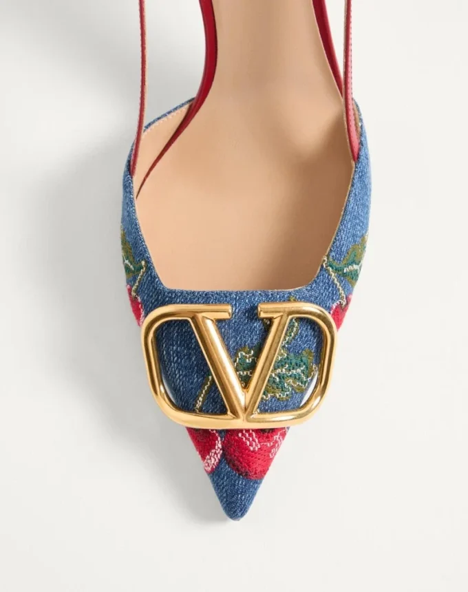 Vlogo Signature Slingback Pumps In Denim With Cherryfic Embroidery 80Mm
