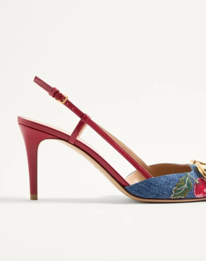 Vlogo Signature Slingback Pumps In Denim With Cherryfic Embroidery 80Mm