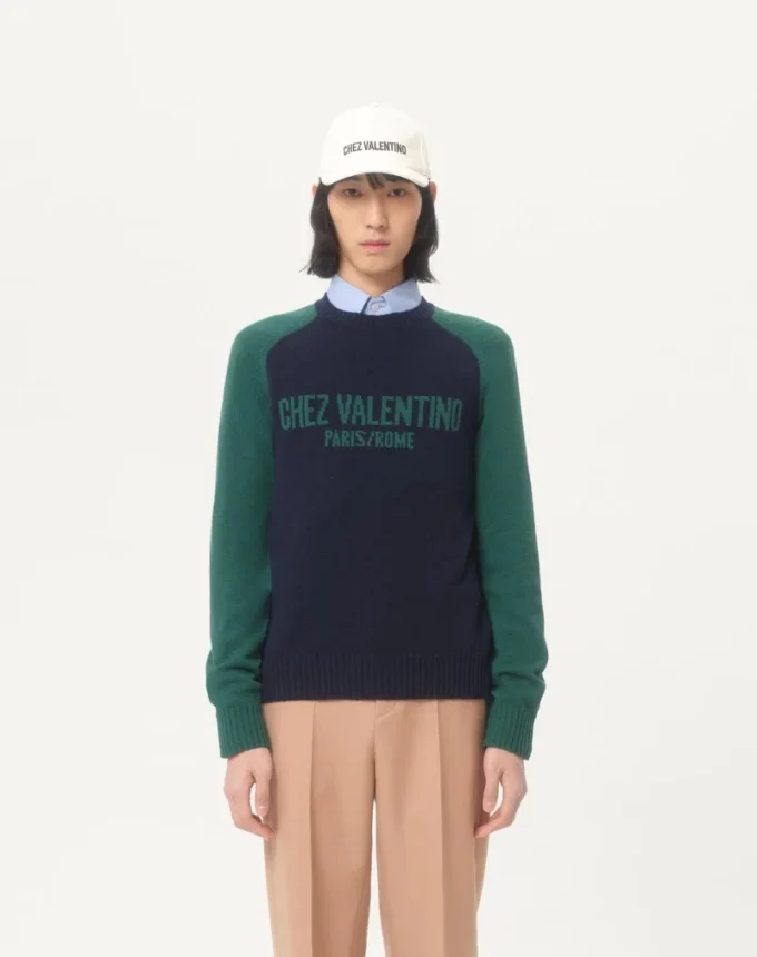 Wool And Cotton Sweater With Chez Valentino Jacquard Pattern Wool And Cotton Sweater With Chez Valentino Jacquard Pattern