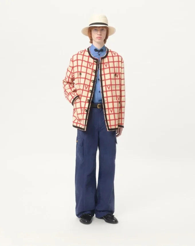 Wool Blend Jacket With V Check Pattern