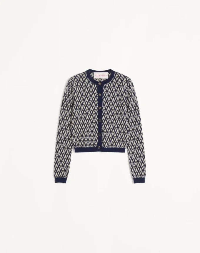 Wool Cardigan With Toute La V Jacquard Pattern Wool Cardigan With Toute La V Jacquard Pattern