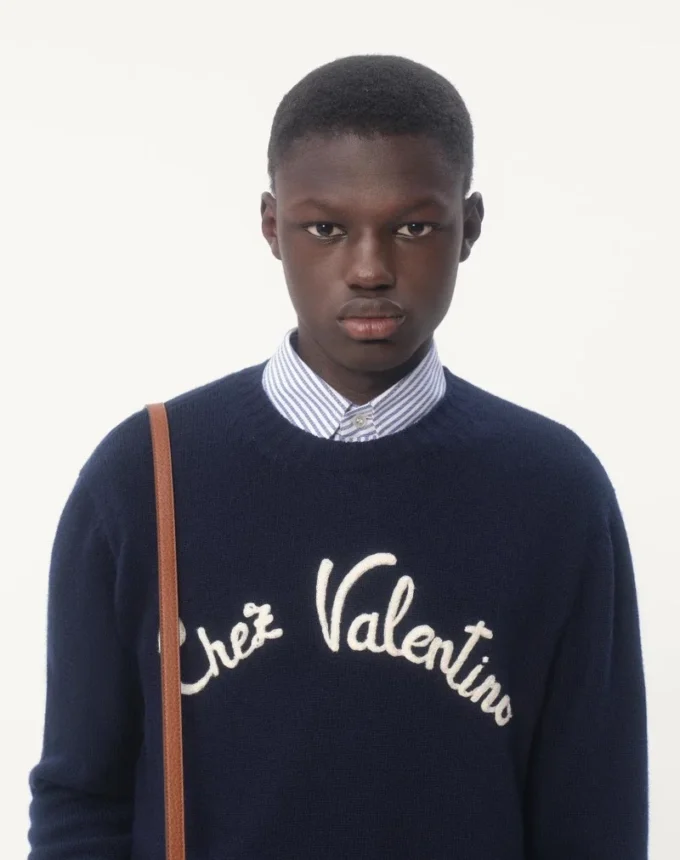 Wool Crewneck Sweater With Chez Valentino Embroidery Wool Crewneck Sweater With Chez Valentino Embroidery