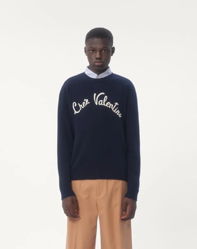 Wool Crewneck Sweater With Chez Valentino Embroidery Wool Crewneck Sweater With Chez Valentino Embroidery