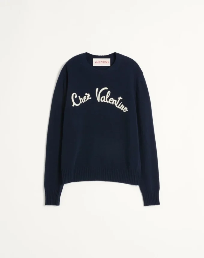 Wool Crewneck Sweater With Chez Valentino Embroidery Wool Crewneck Sweater With Chez Valentino Embroidery