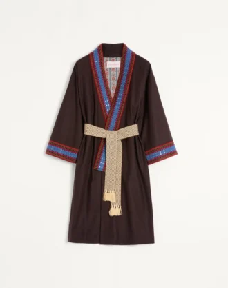 Wool Flannel Robe Coat With Jacquard Belt
