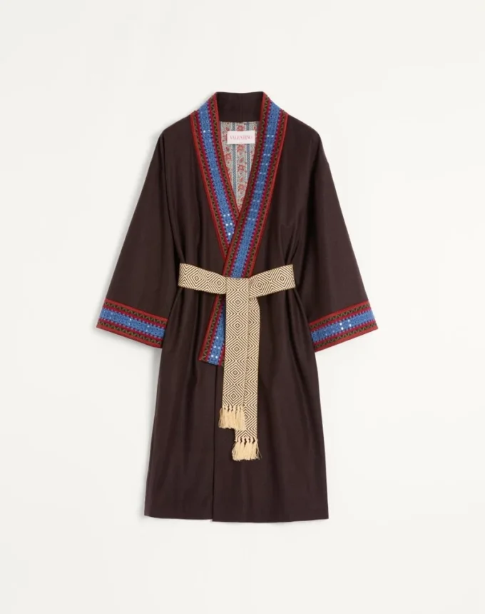 Wool Flannel Robe Coat With Jacquard Belt Wool Flannel Robe Coat With Jacquard Belt