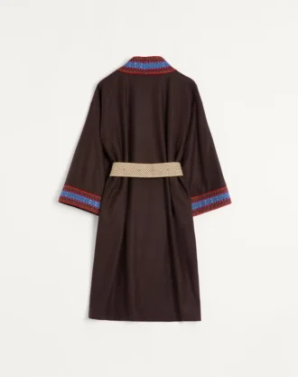 Wool Flannel Robe Coat With Jacquard Belt