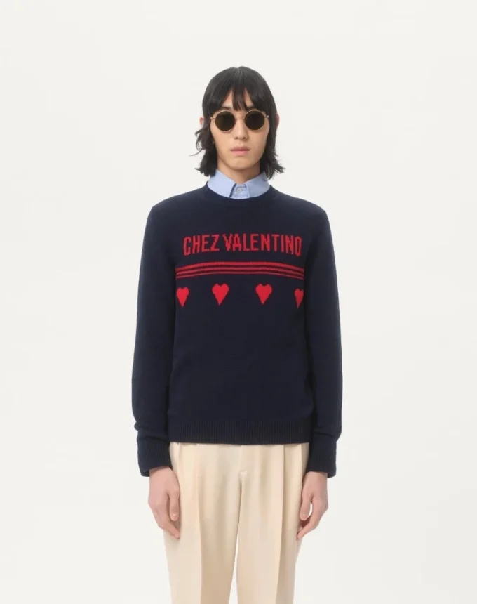 Wool Sweater With Chez Valentino Jacquard Motif